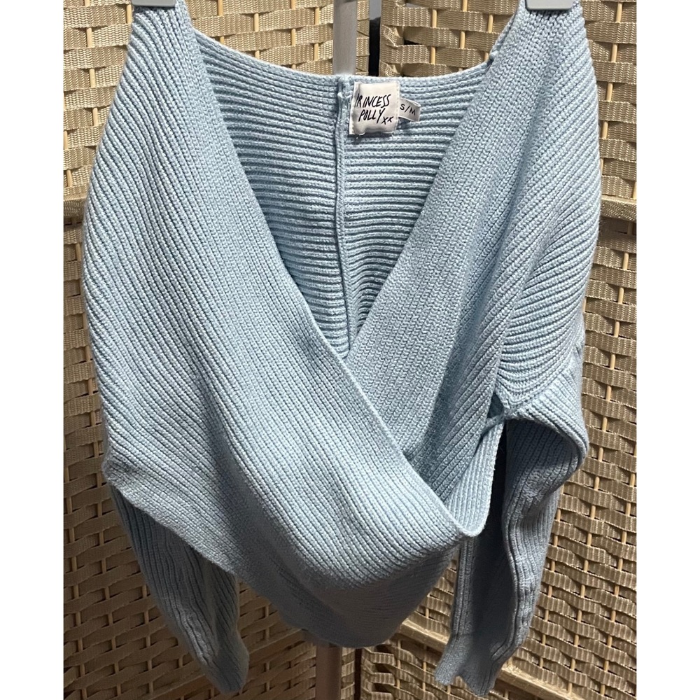 Princess Polly Light Blue Crossover Wrap Front Ribbed Knit Sweater Womens S/M